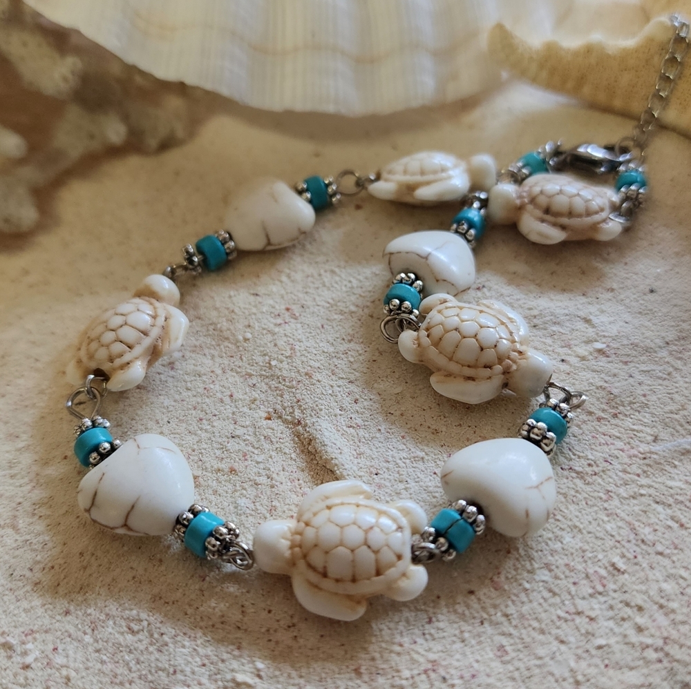 TURTLE Blue Hawolite StonesTropical Island Anklet Foot Bracelet